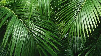 Obraz premium lush green palm leaves create a dense tropical foliage background with vibrant textures and a sense of depth perfect for evoking a natural exotic and summery vibe in designs