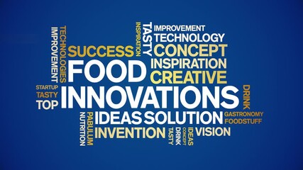Food innovations animated word cloud-text design animation tag kinetic typography seamless loop.