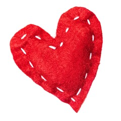 Handmade red heart shaped pillow with white stitching