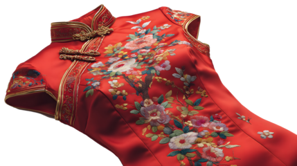 A traditional red cheongsam featuring intricate floral patterns, exemplifying cultural heritage and elegant design. Perfect for celebrations or cultural events.on transparent background
