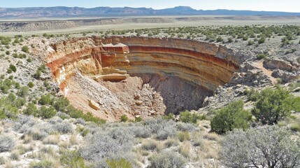 Fototapeta premium Eroded geological strata revealing layers of earth in the landscape