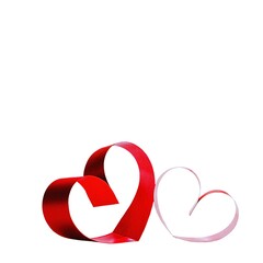 Intertwined red and pink heart ribbons on white background
