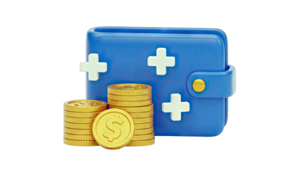 3D Blue wallet with gold coins and plus signs on transparent background
