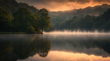 Gentle morning mist hovering above a tranquil lake with trees reflecting in the water at sunrise
