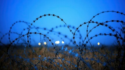 Coiled Barbed Wire Against a Dark Blue Sky at Night