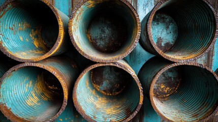 Close up view of stacked rolls of heavy gauge corrugated metal sheeting showing rust and weathered texture