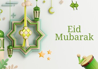 Eid Mubarak festive greeting with traditional Islamic decorations