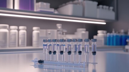 Collection of sterile disposable medical syringes filled with clear liquid and standing in rows with pharmaceutical vials and medical supplies in the background on shelves