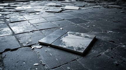 Cracked ceramic tile floor with faded mosaic pattern lying broken on the ground