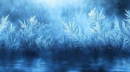 Intricate crystalline ice formations develop delicate feathery patterns on a frozen natural surface reflecting cool blue light in winter