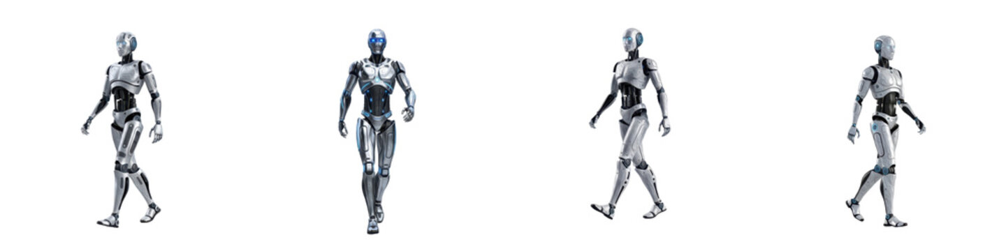 Set of Modern Robot Walking, Oil Paint Style, Isolated on Transparent Background, PNG