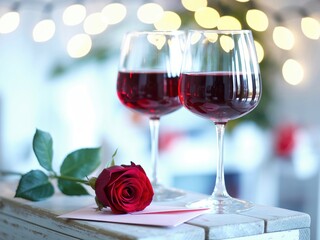 Two glasses of red wine on wooden table with rose, romantic dinner setting with bokeh lights, symbolizing love, celebration, anniversary, valentine evening
