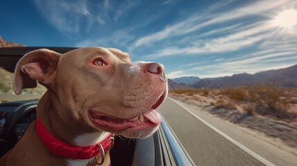 A happy dog travels through a desert in a convertible on a lovely day.