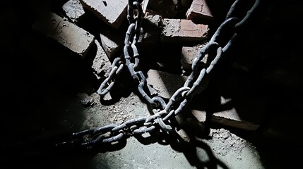 Heavy industrial metal chains rusted and draped haphazardly over a rough textured surface with strong shadows