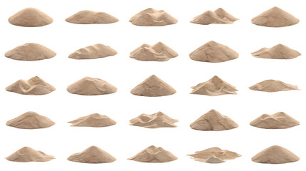A comprehensive collection of twenty-five realistic sand mounds and soil piles isolated on a transparent background for landscaping visualization, construction site graphics, architectural modeling, a