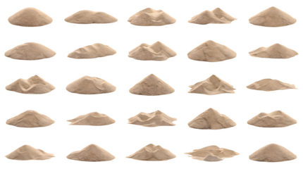 A comprehensive collection of twenty-five realistic sand mounds and soil piles isolated on a transparent background for landscaping visualization, construction site graphics, architectural modeling, a