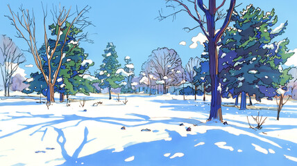 しんしんと雪が降る中、自然と時間が止まったような冬の風景を描いたイラスト素材｜落葉と白い雪、繊細な筆致、冷たい大気、風情ある冬景色、自然背景素材