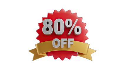 3D 80% Off Discount Badge with Gold Ribbon on transparent background
