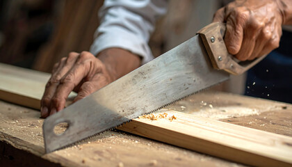 Close up of carpenter cutting the wooden plank with his  hand saw