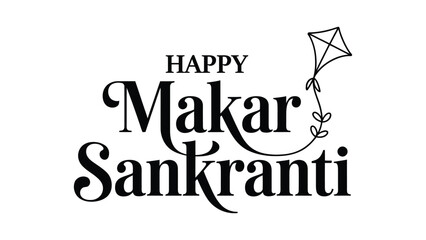 Happy Makar Sankranti elegant black typography greeting with minimal kite line art isolated on white background for Indian harvest festival © Zavivec