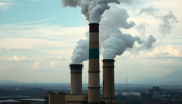 Smoke from industrial chimneys polluting the sky, city in background