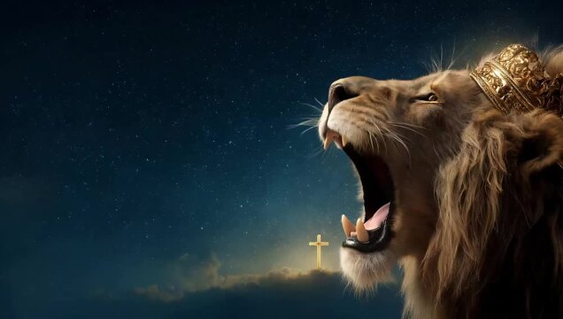 The Lion of Judah, roaring mightily, with a golden crown on his head, and a view of the night sky full of stars