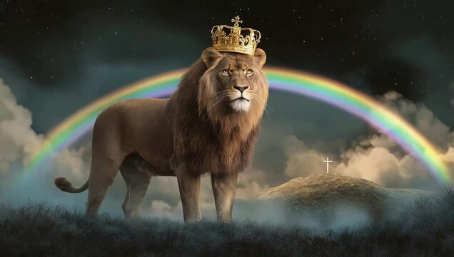 A mighty lion with a golden crown, standing on a cloud, and covered in a rainbow, and the cross of Christ in the distance, symbolizing the lion of Judah