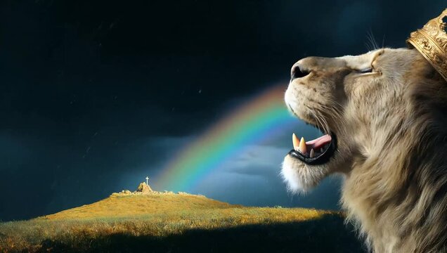 A mighty lion with a golden crown, standing on a cloud, and covered in a rainbow, and the cross of Christ in the distance, symbolizing the lion of Judah