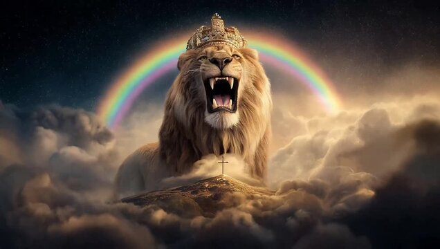 A mighty lion with a golden crown, standing on a cloud, and covered in a rainbow, and the cross of Christ in the distance, symbolizing the lion of Judah