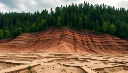 Soil erosion on deforested hill, cloudy skies
