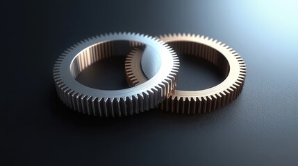 Two metallic gears interlocking in a close up shot with one appearing silver and the other a bronze hue on a dark background