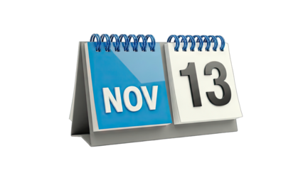 3D Desk Calendar Showing November 13 on transparent background
