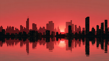 Fototapeta premium City skyline silhouette against a vibrant orange and red sunset with reflective water surface, showcasing modern skyscrapers and urban architecture