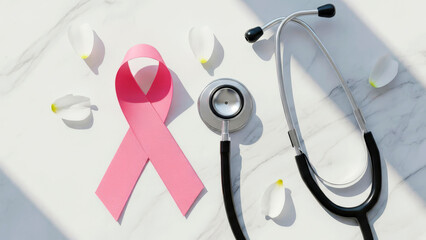 A pink ribbon, symbolizing the fight against breast cancer, and a stethoscope on a white marble background. Healthcare and medicine concept.