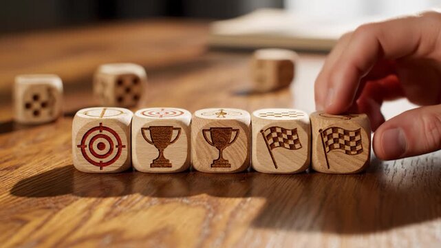 Wooden dice with target trophy and checkered flag symbols lined up on wooden surface hand moving one dice symbolizing success achievement and game motivation in warm natural setting