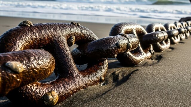 Eine rostige Metallkette liegt auf dunklem Sand an einem Strand, umgeben von Meereswellen. Selektiver Fokus auf den Meereshintergrund.