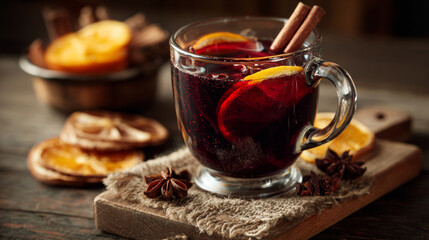 Clear glass mug filled with deep red mulled wine garnished with lemon slices and cinnamon sticks, served on rustic wooden surface with dried orange slices and star anise
