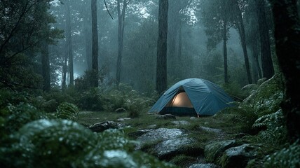 Rain on the tent in the jungle, tropical, serene, tranquil, and camping