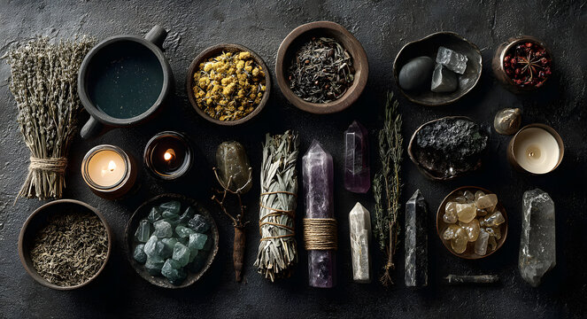 Still life flat lay of witchcraft items like dried herbs, crystals, candles, and cauldron arranged on dark surface, representing occult magic and spiritual esoteric practice.