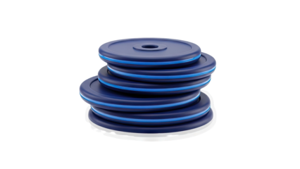 3D Stack of dark blue weight plates with blue stripes on transparent background