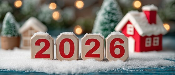 "2026" is written on snow with a home and landscape.