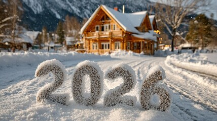 "2026" is written on snow with a home and landscape.