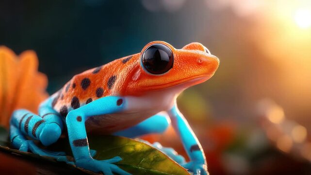 Vibrant orange and blue frog perched on leaf in tropical setting