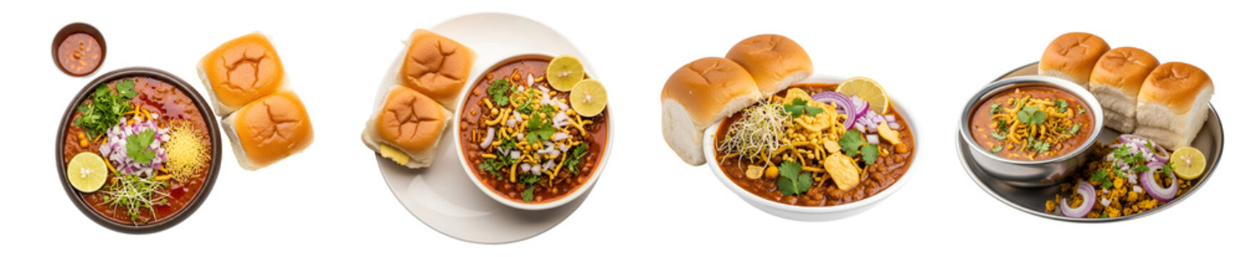 Four servings of misal pav with toppings and bread rolls arranged on plates and bowls evenly spaced on transparent background