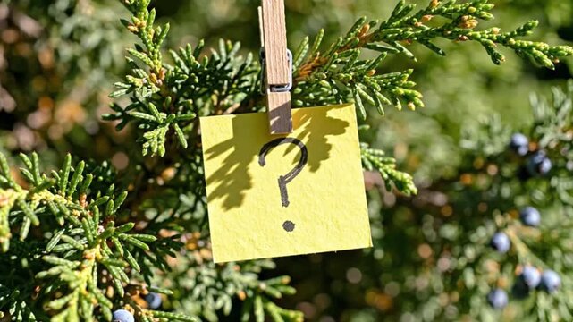 A vibrant yellow sticky note featuring a prominent black question mark is securely clipped onto a lush, green evergreen branch, possibly a juniper, in a beautifully sunlit outdoor setting. The natural