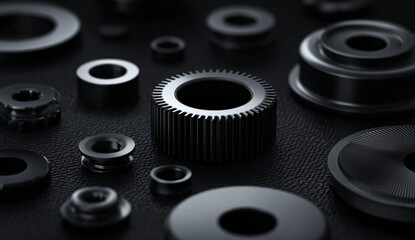 Close-animated movie view of black aluminum mechanical parts with textured surfaces and precise machining details