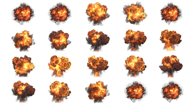 Massive professional collection of twenty cinematic fireball explosion sprites isolated on a transparent background for game development, motion graphics, action visual effects, and dynamic combat seq