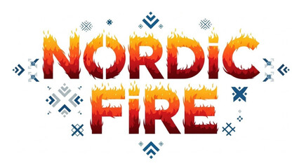 Nordic Fire text effect with flames and Scandinavian patterns vibrant design for branding or event p