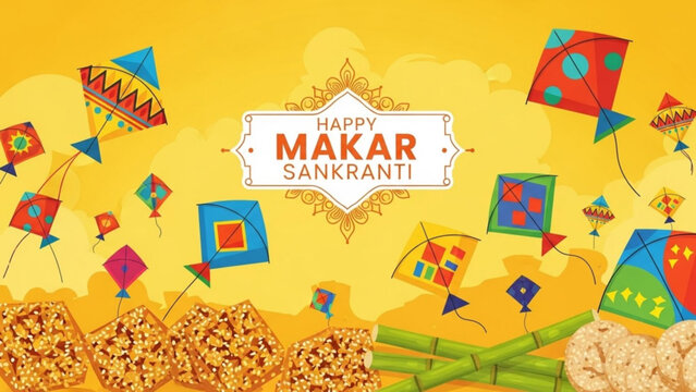 Happy Makar Sankranti festival colorful kites flying and traditional sweets Indian harvest celebrati