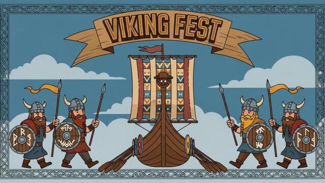 Viking Fest illustration with longship and warriors medieval Scandinavian celebration banner cartoon